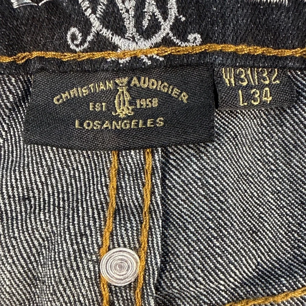Christian Audigier Jeans Mens 31x34 Straight Dark Wash Embroidered Tattoo EUC